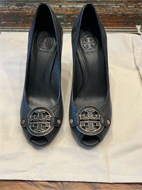 Tory Burch Black Leather Peep-Toe Heels with Logo Medallions